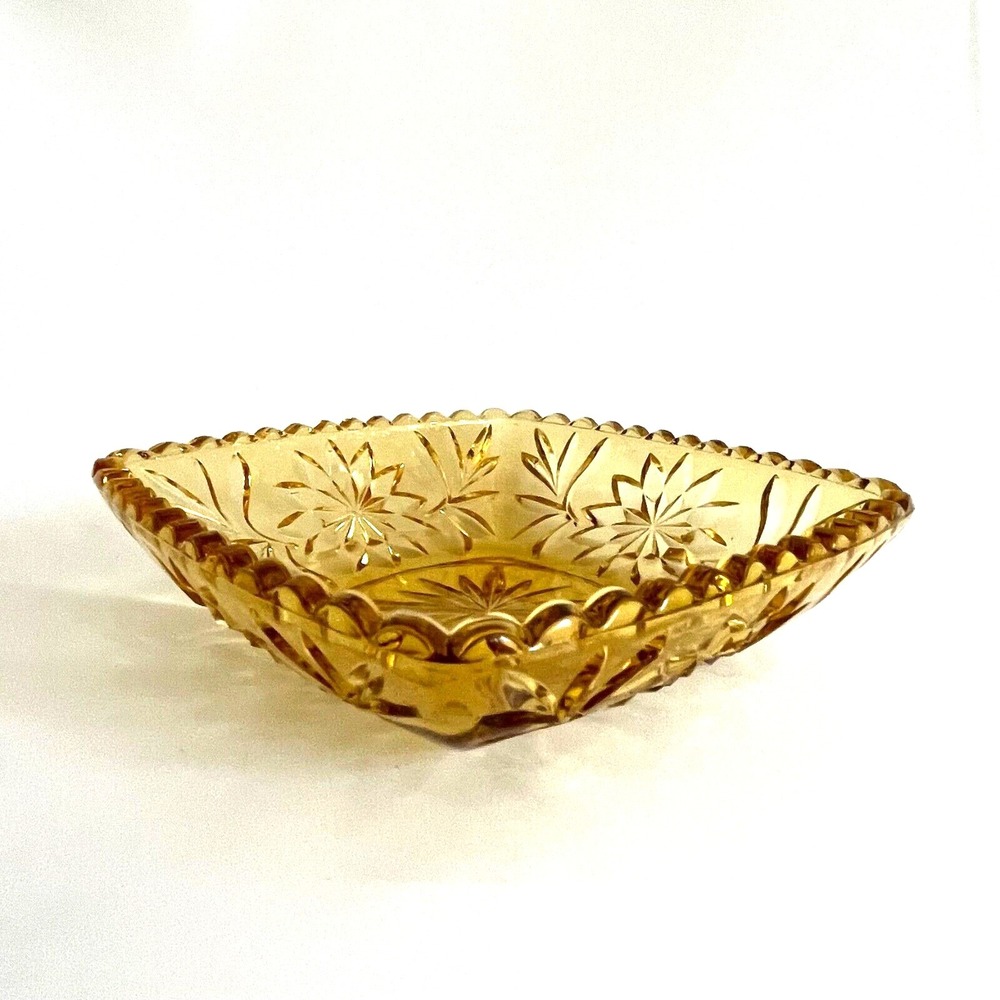 Hazel Atlas Prism Square Bowl Dish Scalloped Rim Star Amber 1960s MCM Fall Decor